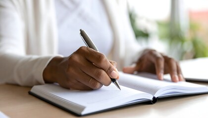 Woman writing in notebook journal with pen, taking notes, planning, journaling, studying