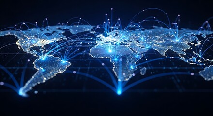 Global Network: World Map with Glowing Connections on Dark Background