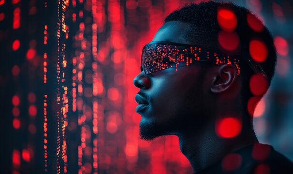 Artificial intelligence cybersecurity risks illustration concept. Black African American female IT specialist analyzing data information technology danger threats with augmented reality, Generative AI