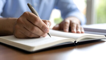 Writing in notebook with pen, business planning, creative writing, journaling and note taking