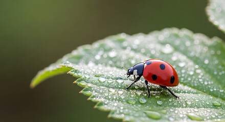 Obraz premium A vibrant ladybug with red and black markings rests on a dewy green leaf, displaying nature's beauty.