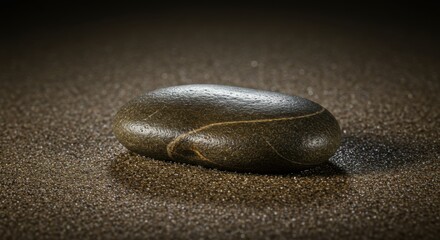Dark Grey Smooth River Rock on Wet Sand Minimalist Zen Background