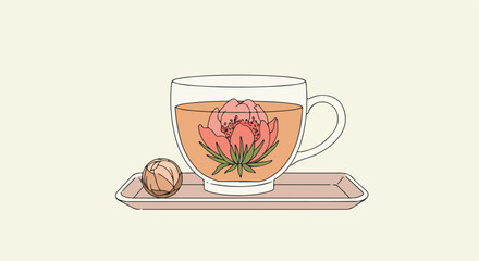 Aromatic floral tea in a glass cup rests on a pink tray with a tea ball next to it