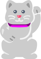 Vector, Cartoon gray cat waving with purple collar on white background  