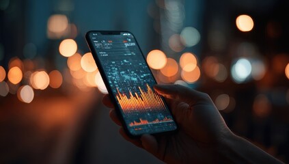 Close-up of a hand holding a phone with financial data displayed on its screen, blurred city lights in background