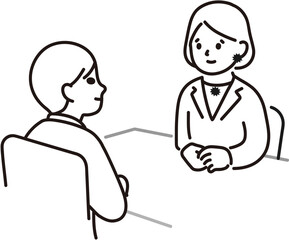 Vector, Two characters engaged in conversation at a desk in an office  