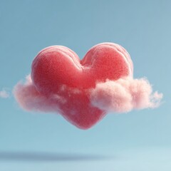 Pink heart on a fluffy cloud against a light blue background