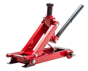 Red hydraulic car jack for lifting vehicles, isolated on transparent background