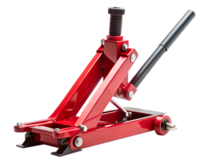 Red hydraulic car jack for lifting vehicles, isolated on transparent background