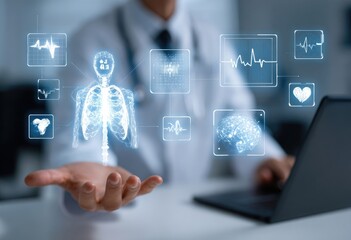 Doctor's hand hovers over holographic medical visualizations