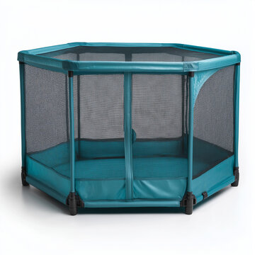 mesh pop-up pet playpen in teal color, placed on white background, breathable and portable, quick setup for indoor pets like guinea pigs or kittens