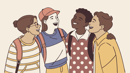 Obraz premium Diverse Group of Smiling Students with Backpacks Hugging and Laughing.