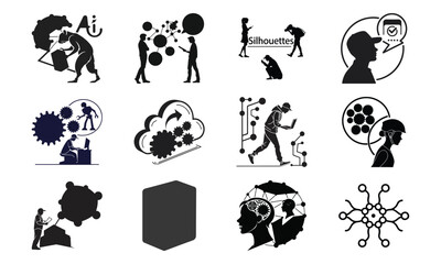 Set of Artificial Intelligence, Automation, Machine Learning, Cloud Computing, and Network Technology Icons in Minimal Vector Style

