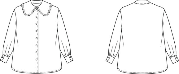 Blouse CAD drawing with lace peter pan collar, long sleeve shirt fashion flat sketch front and back technical view