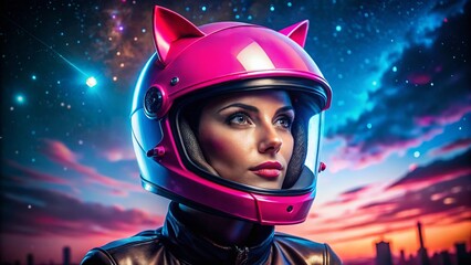 Cyberpunk Catgirl: Confident Woman in Pink Neon Helmet, Starry Night