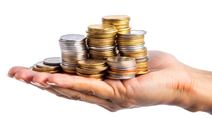 Hand holding stack of gold and silver coins isolated on transparent background, symbolizing wealth, savings, and investment opportunities