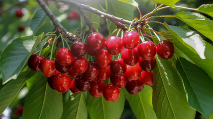 Obraz premium Ripe Red Cherries Hanging on a Tree Branch with Green Leaves and Sunlight cherry fruit