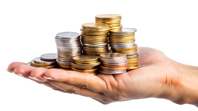 Hand holding stack of gold and silver coins isolated on transparent background, symbolizing wealth, savings, and investment opportunities - Powered by Adobe