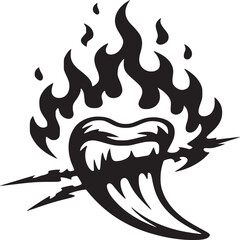 A black and white graphic design of a flaming chili pepper with sharp objects piercing through it
