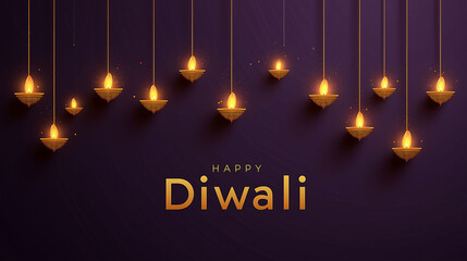 Obraz premium Diwali Greetings: A visual representation of the festive spirit of Diwali, showcasing elegant, illuminated diyas, delicately suspended against a dark, evocative backdrop.