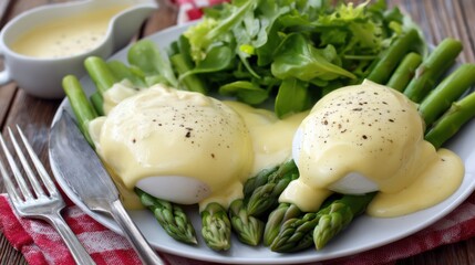 Delicious eggs benedict with asparagus breakfast table food photography cozy kitchen close-up culinary delight