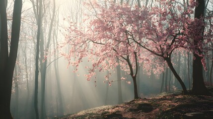 Obraz premium Pink blossoms in a misty forest.