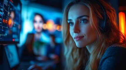 Woman Programmer with Headphones  Coding  Night Work