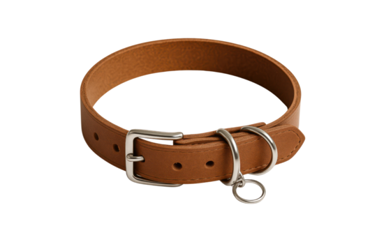 Brown leather dog collar with metal buckle and ring isolated PNG with Transparent Background