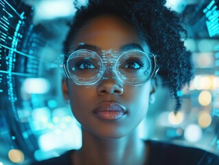 Woman with futuristic glasses digital overlay technology