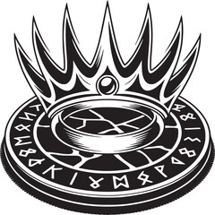 Illustration of a crown with a gem on top sitting on a round base with runes around it