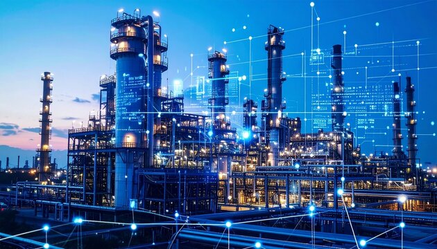 Industrial facility at dusk-to-night, illuminated towers and pipes, blue sky, digital network overlay, symbolizing technological modernization.