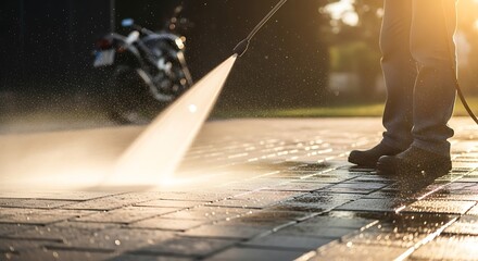 Man Cleaning Pavers with Pressure Washer and Motorcycle in the Background Professional Outdoor Cleaning Service and Maintenance for Residential Properties