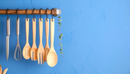 Wooden and metal kitchen utensils hanging on a wall rack