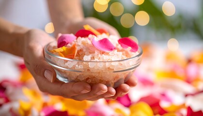 Spa bath salts rose petals aromatherapy relaxation wellness self care beauty treatment hands