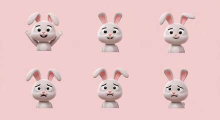 Cartoon bunny expressions on light pink background