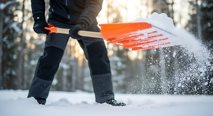 Man shoveling snow during winter season with orange snow shovel in a winter landscape providing outdoor activities after snowfall
