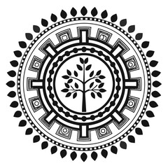 Black and White Decorative Mandala with a Central Tree Motif                                                                                          