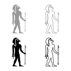 Naklejka premium Ra ancient Egypt sun god deity with falcon head set icon grey black color vector illustration image solid fill outline contour line thin flat style