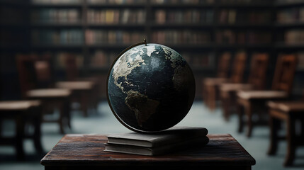 Pixelated Globe On Wooden Table In A Dark Library