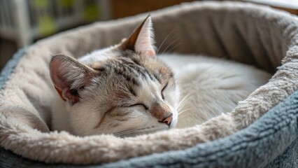 Obraz premium Cozy White Cat Napping Peacefully in Soft Pet Bed at Home