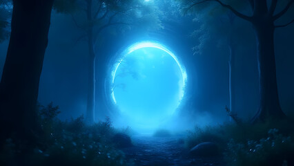 Hyperrealistic Digital Painting of a Mystical Blue Forest at Night Featuring a Glowing Circular Portal in the Center with a Path Leading Towards It Surrounded by Fog and Trees