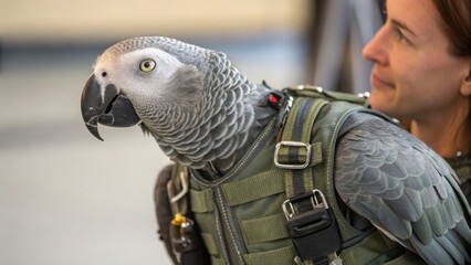Obraz premium Grey parrot wearing harness close to a smiling woman indoors