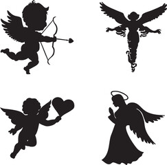 Fototapeta premium A collection of black silhouette vector illustrations featuring Cupid with bow and heart, flying angel with spread wings, and a praying haloed angel. Perfect for romantic, religious, or spiritual.