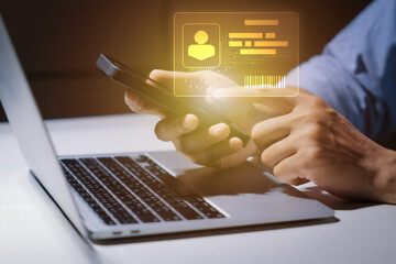 Digital identification or digital ID. Businessman and hand touch virtual screen of digital identification card to accessing databases by digital identity for cyber security. Employee badge.