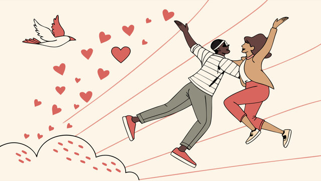 Joyful Couple Leaping Through Hearts and Clouds.