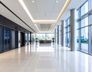 Empty modern office hallway with large windows