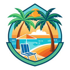 Fototapeta premium Vector art of relaxing tropical beach with palm trees, a lounge chair, and umbrella under a sunny sky with clouds, perfect for a vacation getaway