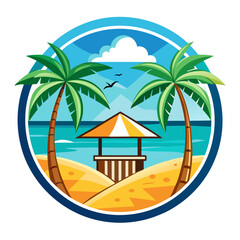 Obraz premium Vector art of tropical beach scene with palm trees and a beach hut under a blue sky with clouds, evoking a sense of paradise and vacation