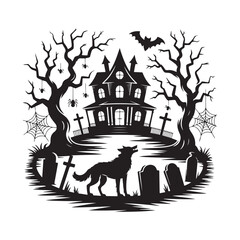 Fototapeta premium title Haunted House with Wolf and Tombstones keywords haunted house spiders