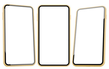 Three yellow smartphones with white screens transparent background. mobile phone mockup. 3d rendering.